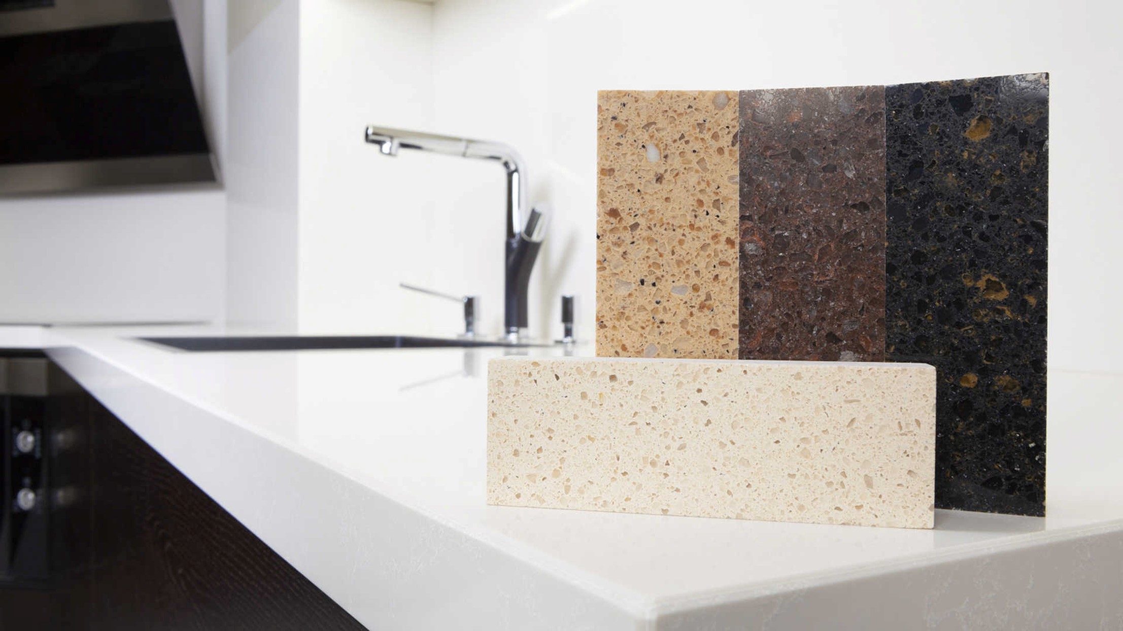 Stone King Samples of marble, quartz, granite for benchtop material comparison
